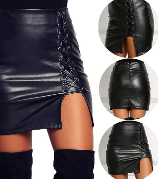 Ravenna Belted Leather High-Slit Skirt